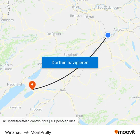 Winznau to Mont-Vully map