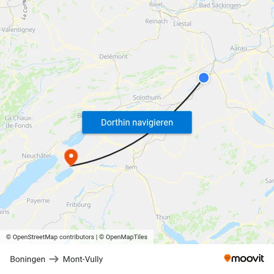 Boningen to Mont-Vully map