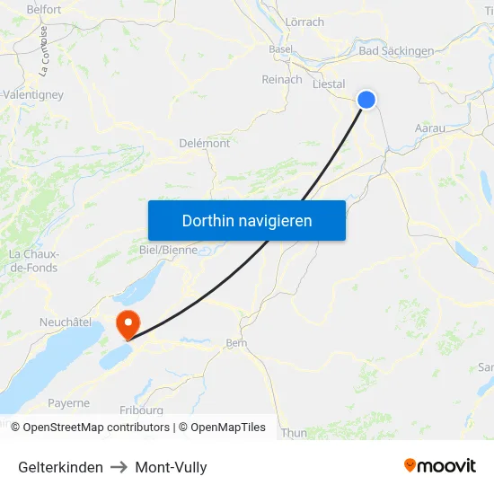 Gelterkinden to Mont-Vully map