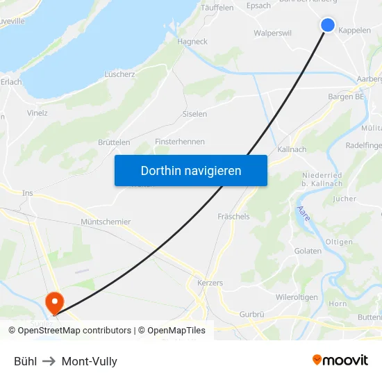 Bühl to Mont-Vully map