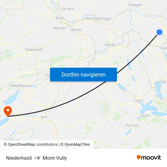 Niederhasli to Mont-Vully map