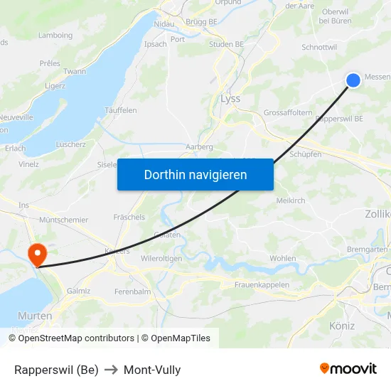 Rapperswil (Be) to Mont-Vully map