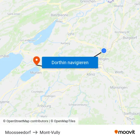 Moosseedorf to Mont-Vully map