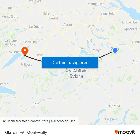 Glarus to Mont-Vully map