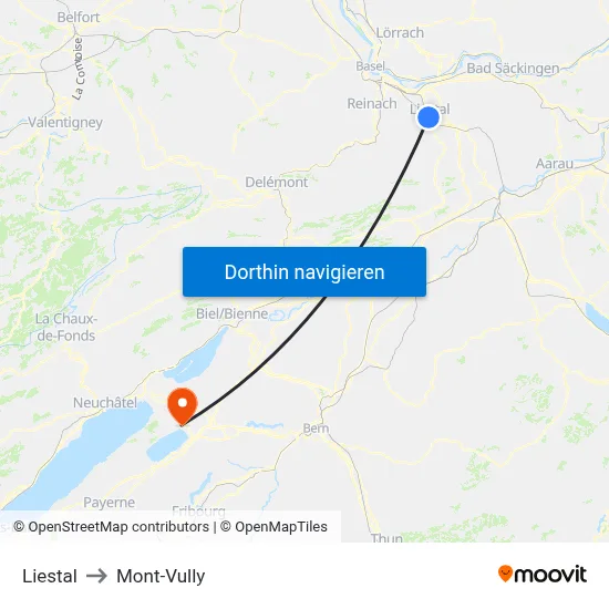 Liestal to Mont-Vully map