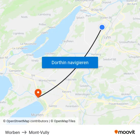 Worben to Mont-Vully map