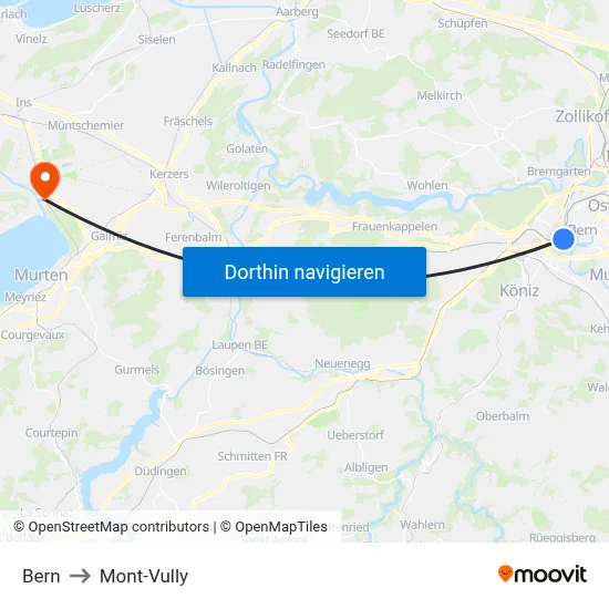 Bern to Mont-Vully map