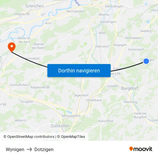 Wynigen to Dotzigen map