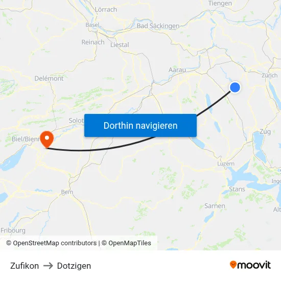 Zufikon to Dotzigen map