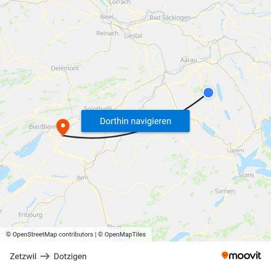 Zetzwil to Dotzigen map