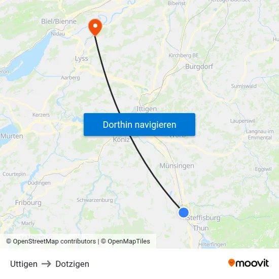 Uttigen to Dotzigen map