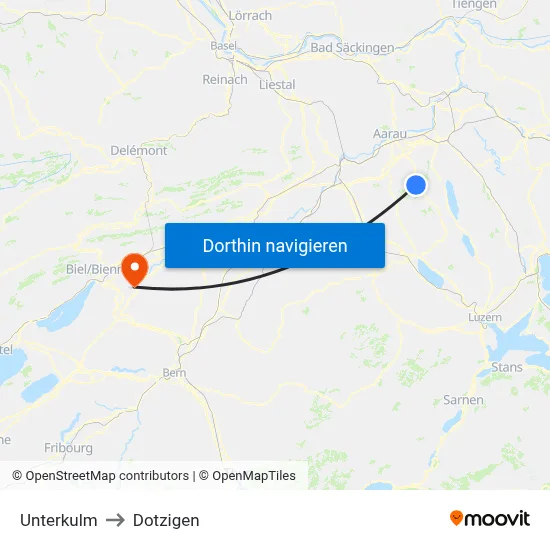 Unterkulm to Dotzigen map