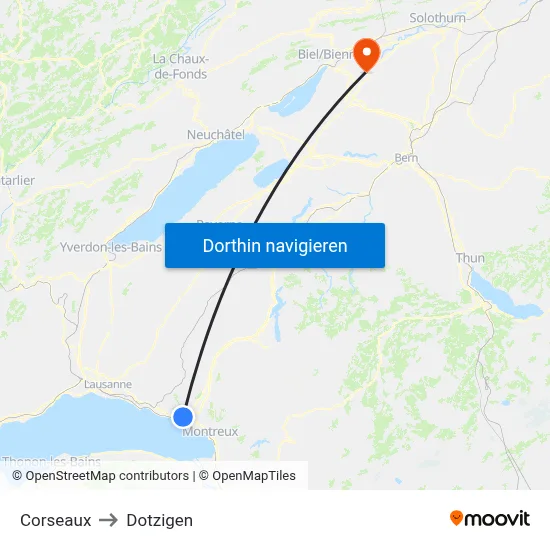 Corseaux to Dotzigen map