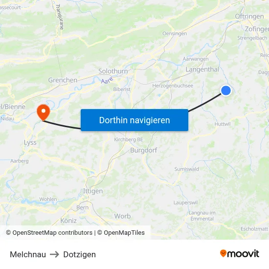 Melchnau to Dotzigen map