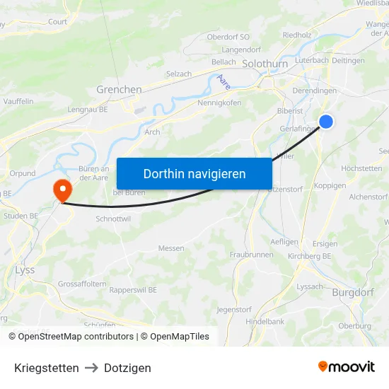 Kriegstetten to Dotzigen map
