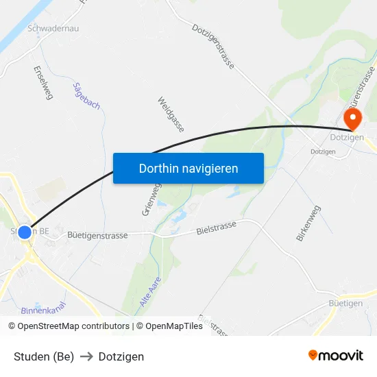 Studen (Be) to Dotzigen map