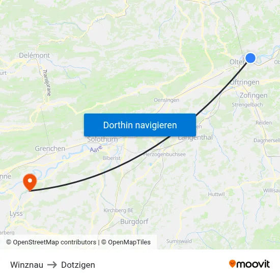 Winznau to Dotzigen map