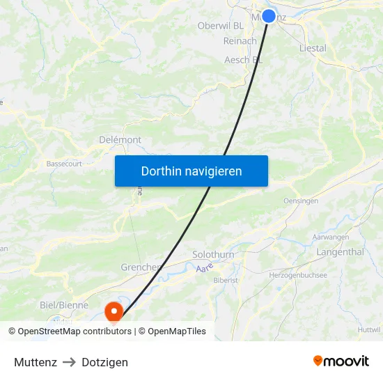 Muttenz to Dotzigen map