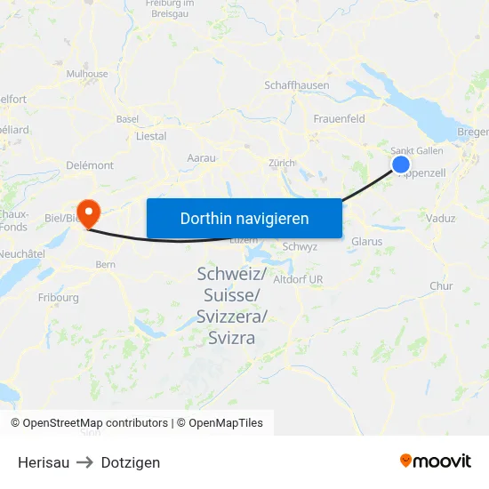Herisau to Dotzigen map