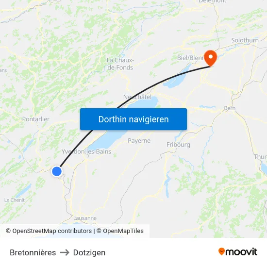 Bretonnières to Dotzigen map