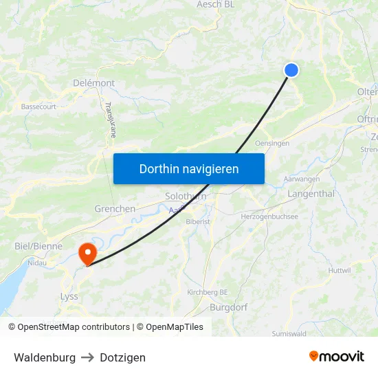 Waldenburg to Dotzigen map