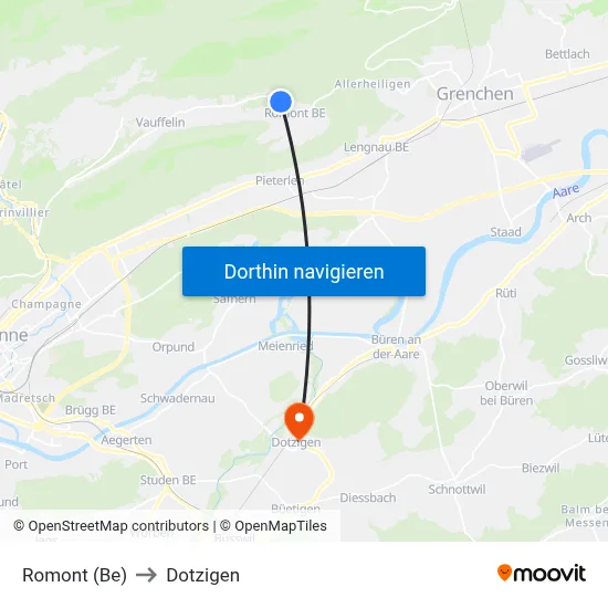 Romont (Be) to Dotzigen map