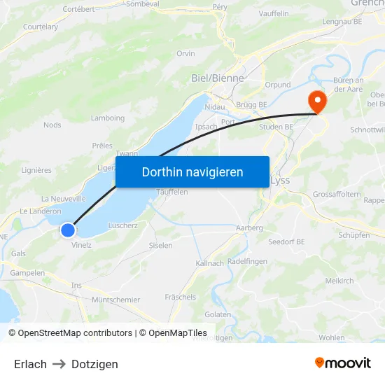 Erlach to Dotzigen map