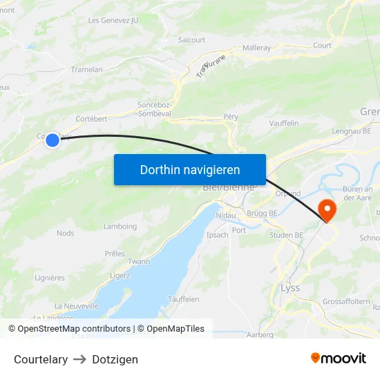 Courtelary to Dotzigen map