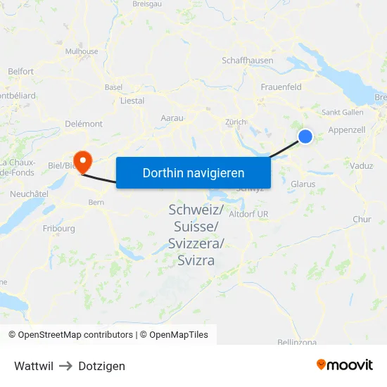 Wattwil to Dotzigen map