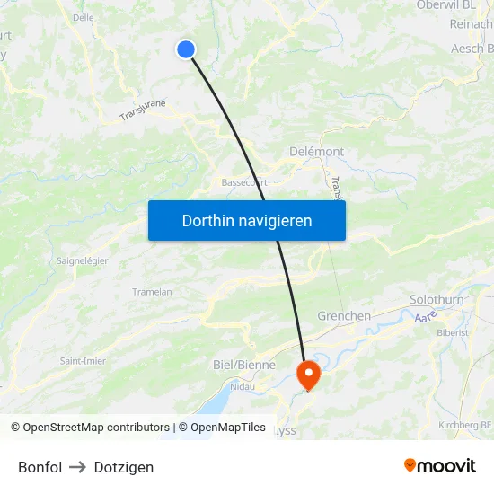 Bonfol to Dotzigen map