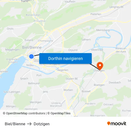 Biel/Bienne to Dotzigen map