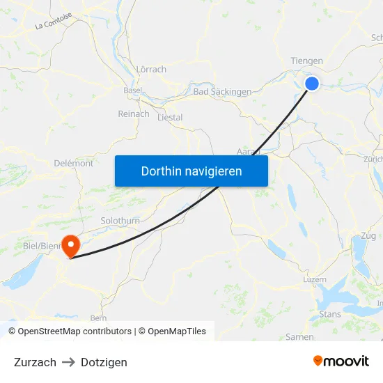 Zurzach to Dotzigen map