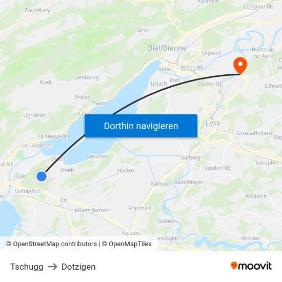 Tschugg to Dotzigen map
