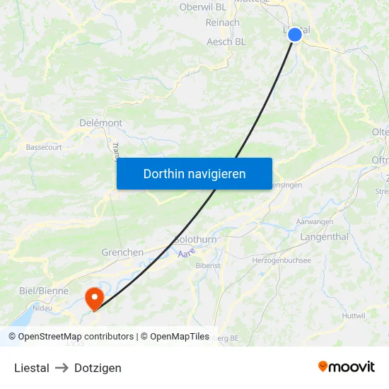Liestal to Dotzigen map