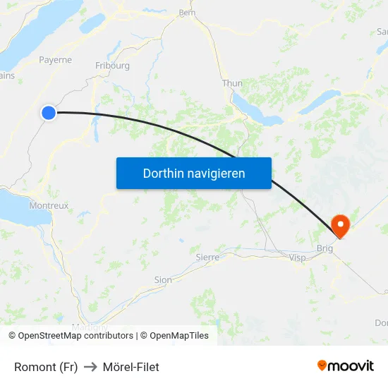Romont (Fr) to Mörel-Filet map