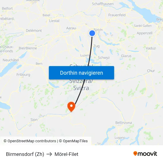 Birmensdorf (Zh) to Mörel-Filet map
