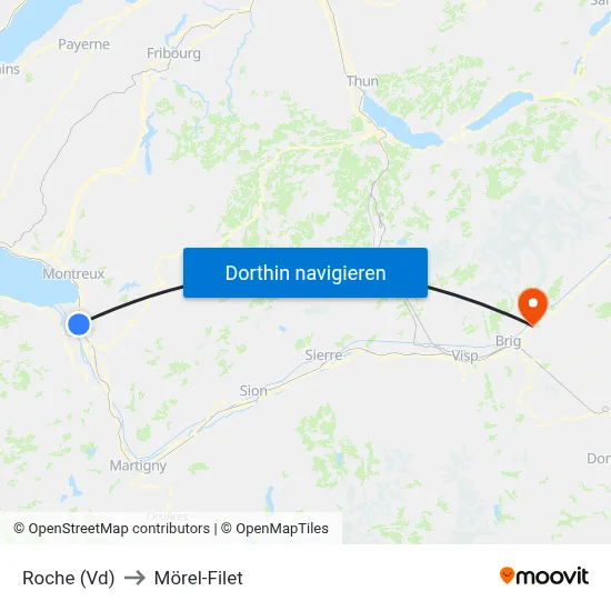 Roche (Vd) to Mörel-Filet map