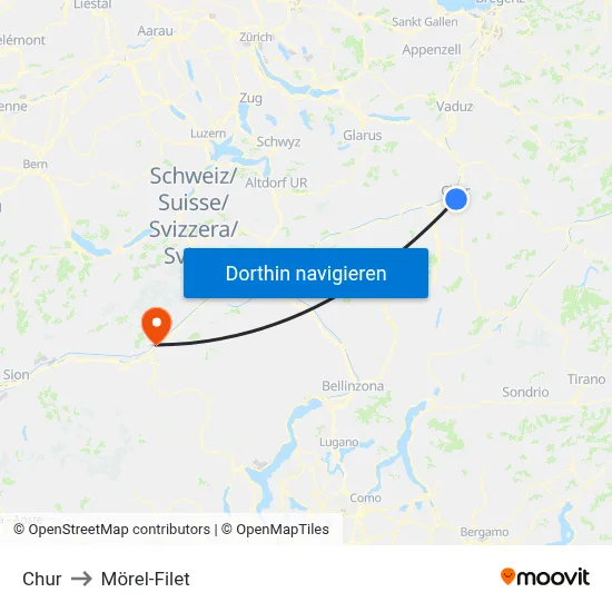 Chur to Mörel-Filet map