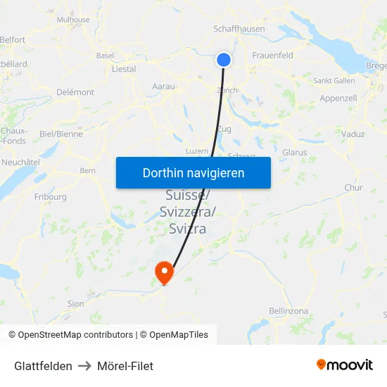 Glattfelden to Mörel-Filet map