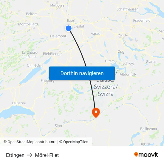 Ettingen to Mörel-Filet map