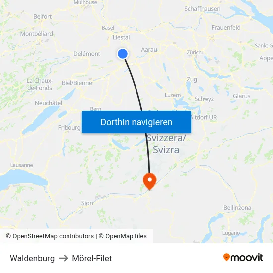 Waldenburg to Mörel-Filet map