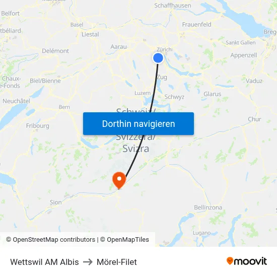 Wettswil AM Albis to Mörel-Filet map