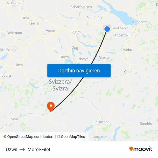 Uzwil to Mörel-Filet map