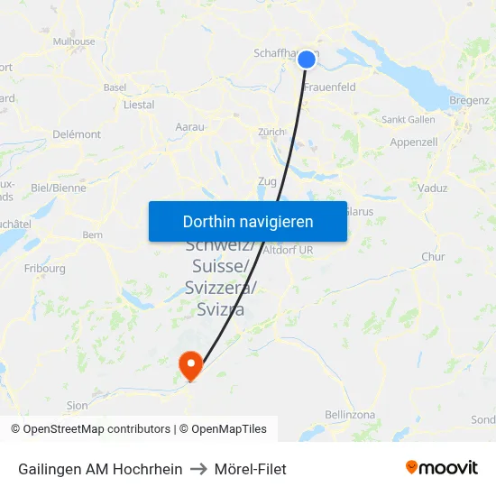 Gailingen AM Hochrhein to Mörel-Filet map