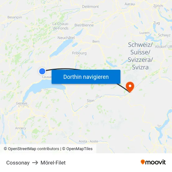Cossonay to Mörel-Filet map