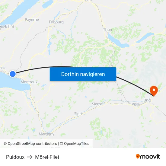Puidoux to Mörel-Filet map