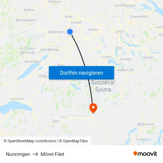 Nunningen to Mörel-Filet map