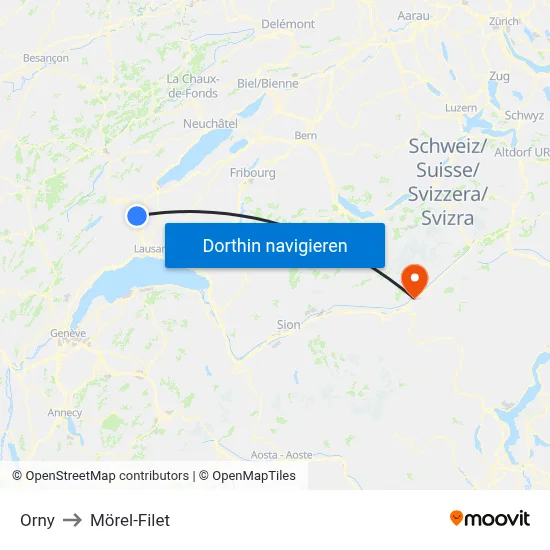 Orny to Mörel-Filet map