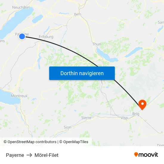 Payerne to Mörel-Filet map