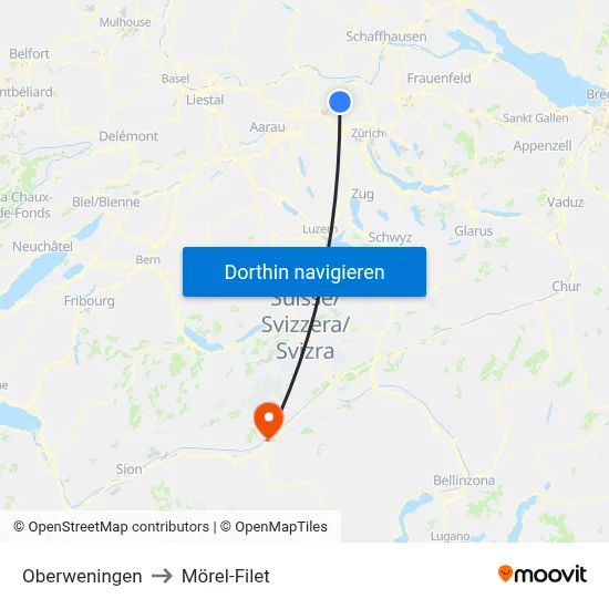 Oberweningen to Mörel-Filet map